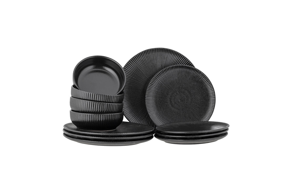Modernes Geschirrset Fjoren, Schwarz , Steingut (Set aus 3x4 Teilen)