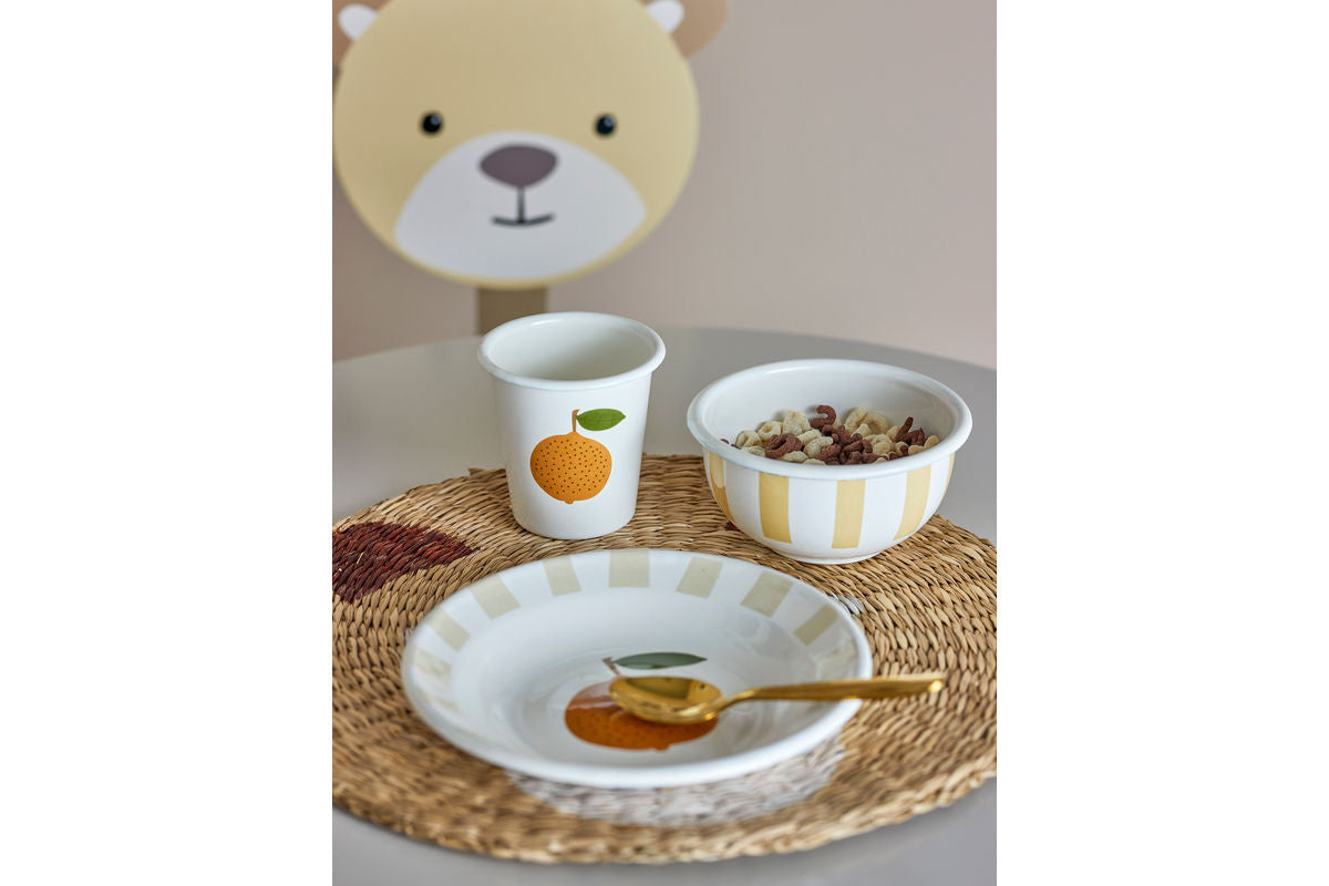 Kinder Geschirr-Set Anni – 3-teilig in Weiß mit Orangen & Streifen