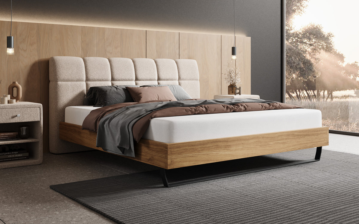 Boxspringbett Levio Strukturstoff in Beige (Raven 24) – Milieu seitlich