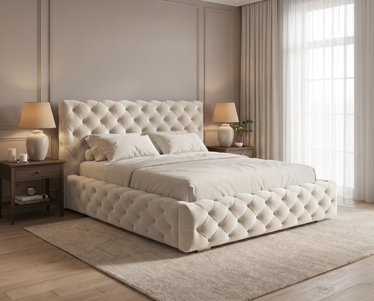 Designer Polsterbett Ria in Samt mit Stauraum – Beige