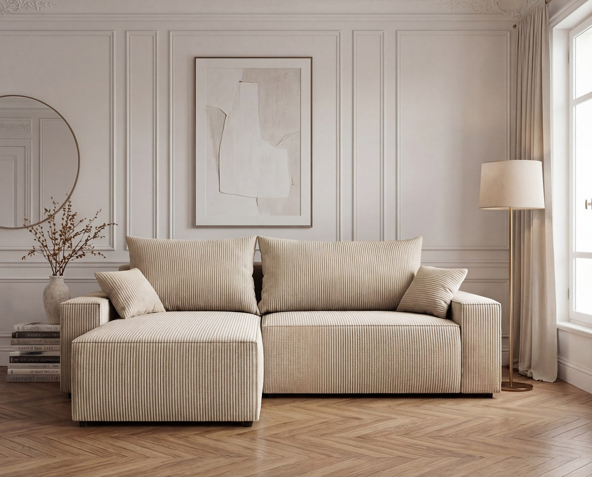 Designer Ecksofa Rino in Cord mit Schlaffunktion & Stauraum – Beige – Rechts