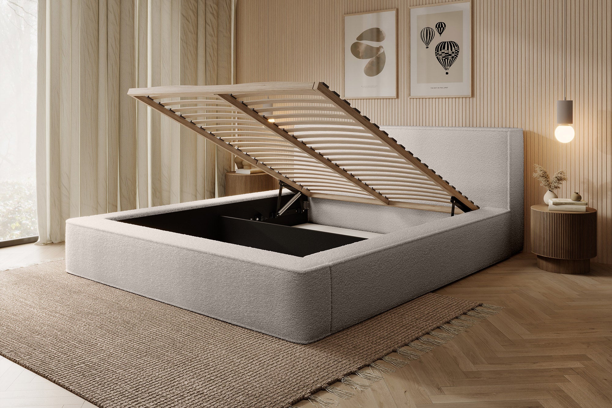 Designer Polsterbett Alma Bouclé mit Stauraum