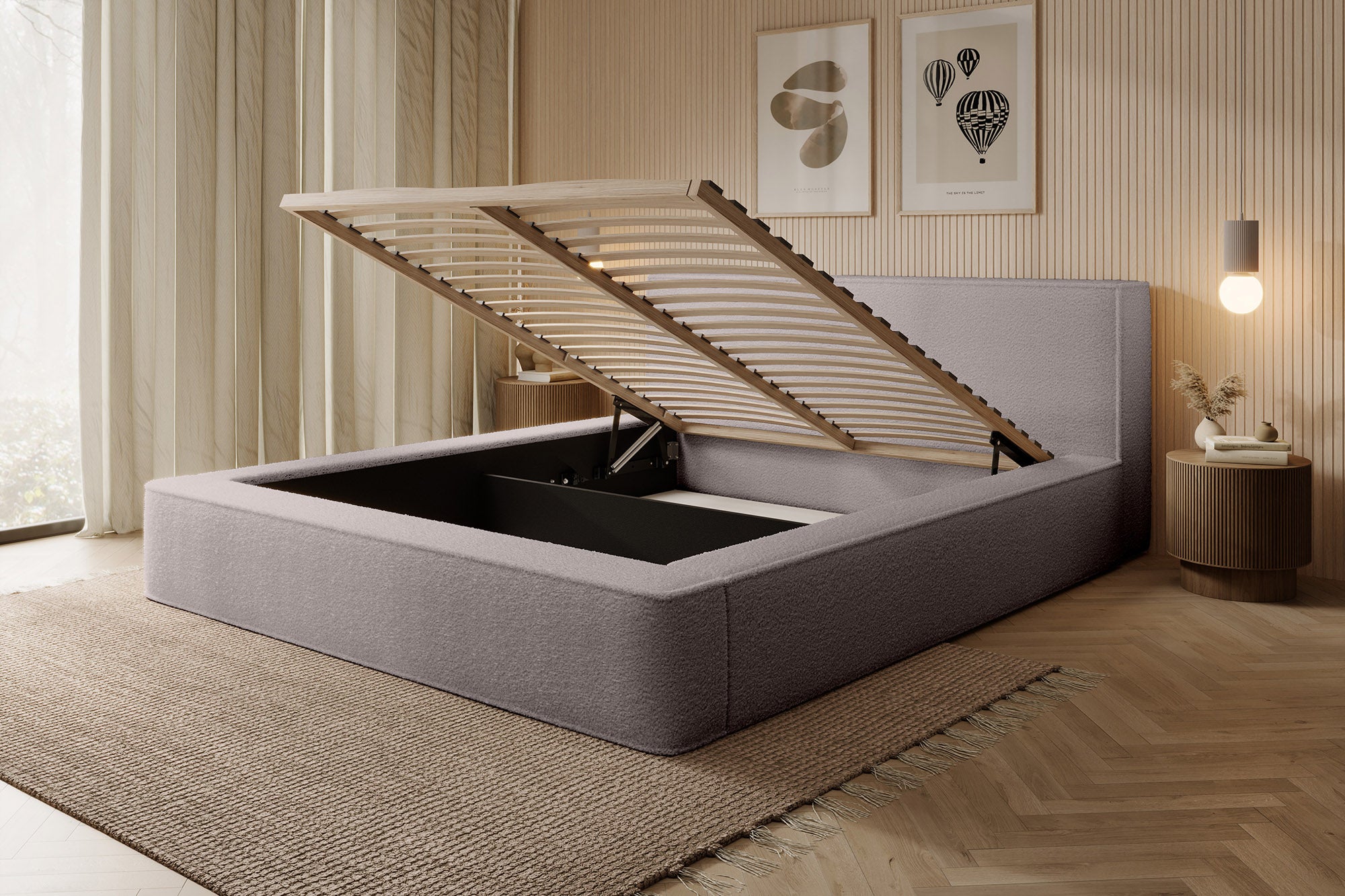 Designer Polsterbett Alma Bouclé mit Stauraum