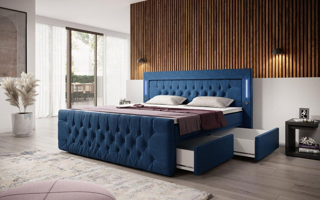 Boxspringbett Charme mit LED, USB und Stauraum (4 Schubladen)