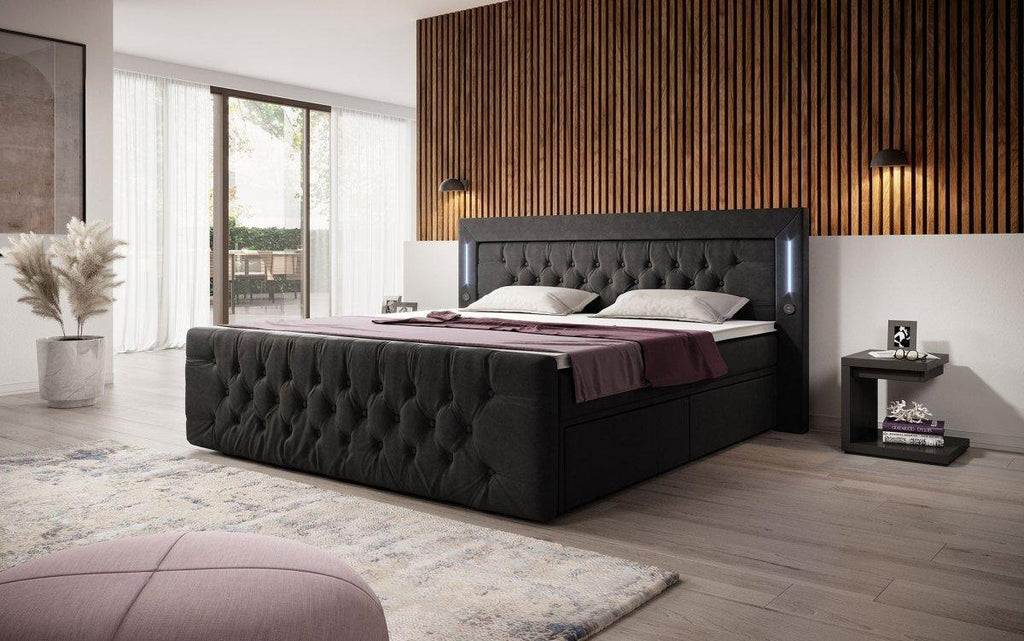 Boxspringbett Diva mit USB, LED und Stauraum (2 Schubladen)