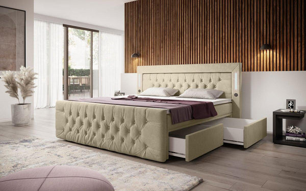 Boxspringbett Diva mit USB, LED und Stauraum (2 Schubladen)