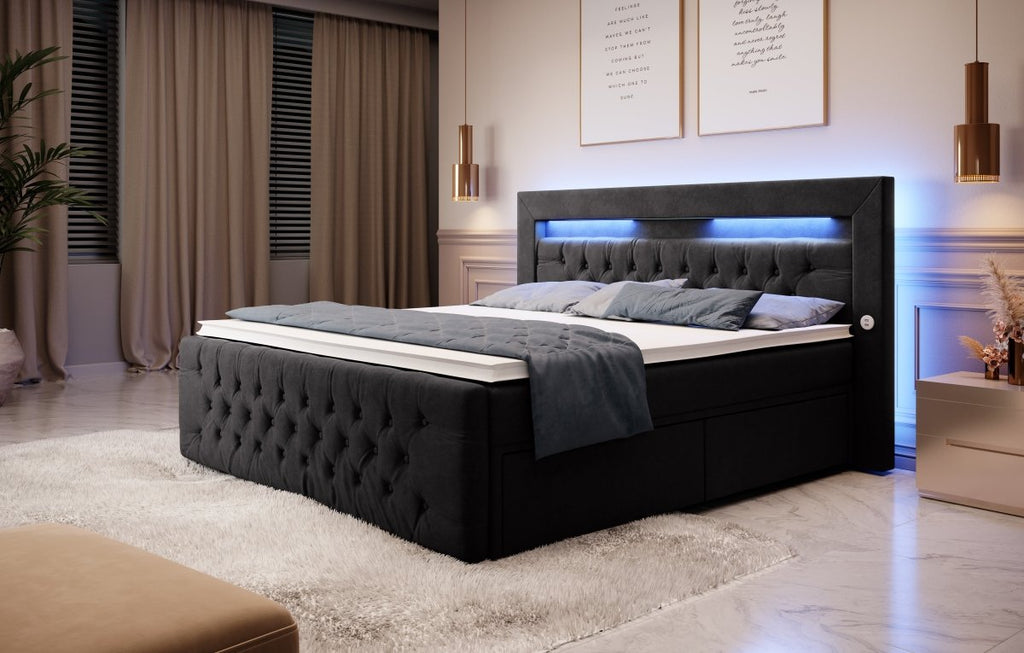 Boxspringbett Sunshine mit indirekter Beleuchtung, USB und Stauraum