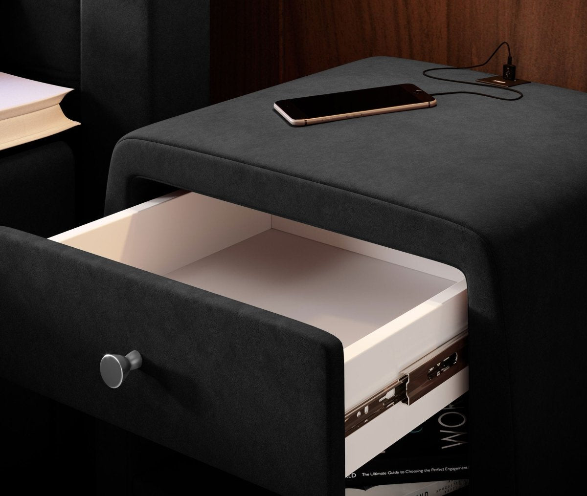 Designer Nachttisch Lilly mit USB Anschluss (Samt) - Luxusbetten24